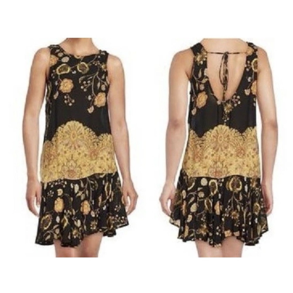 Free People Dobby Dot Slip  Mini Dress Black Brown Orange Size M